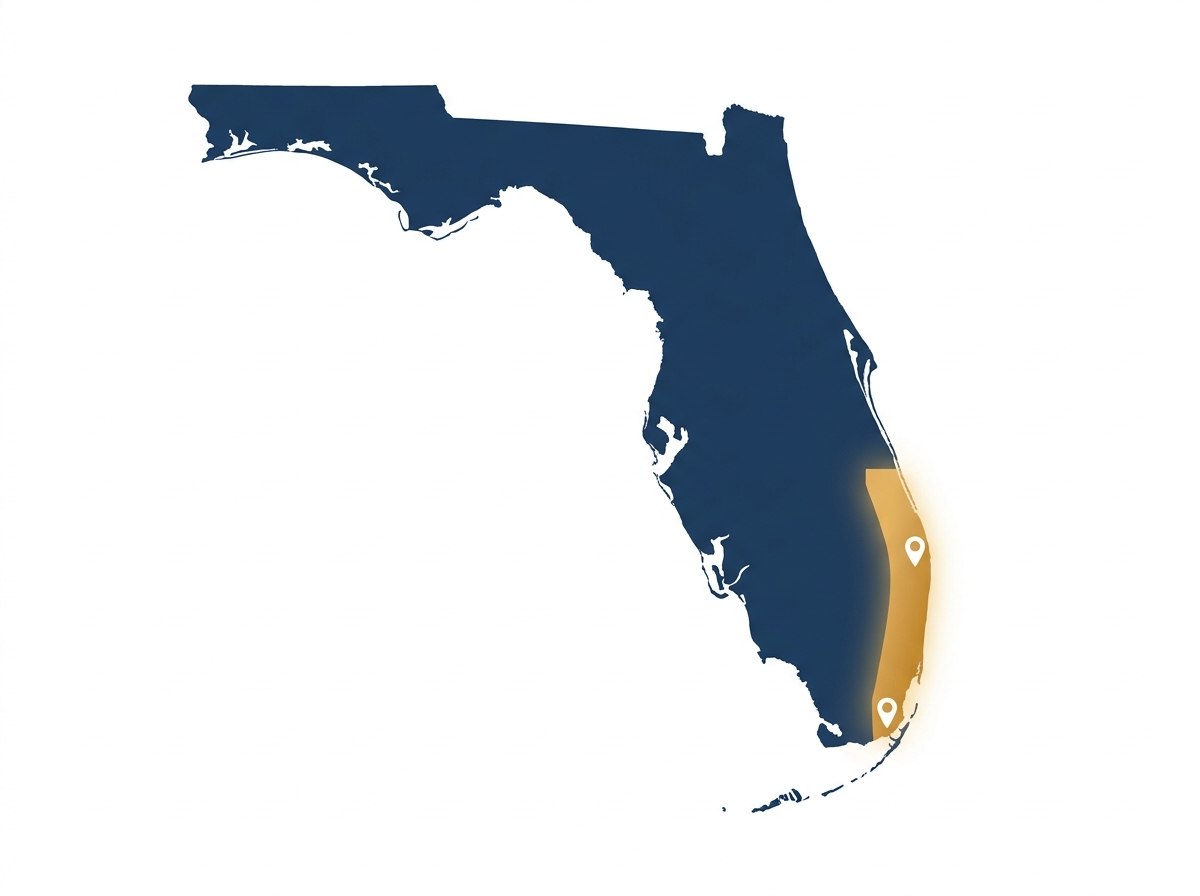 Map of Florida with the Palm Beach to Homestead service corridor highlighted